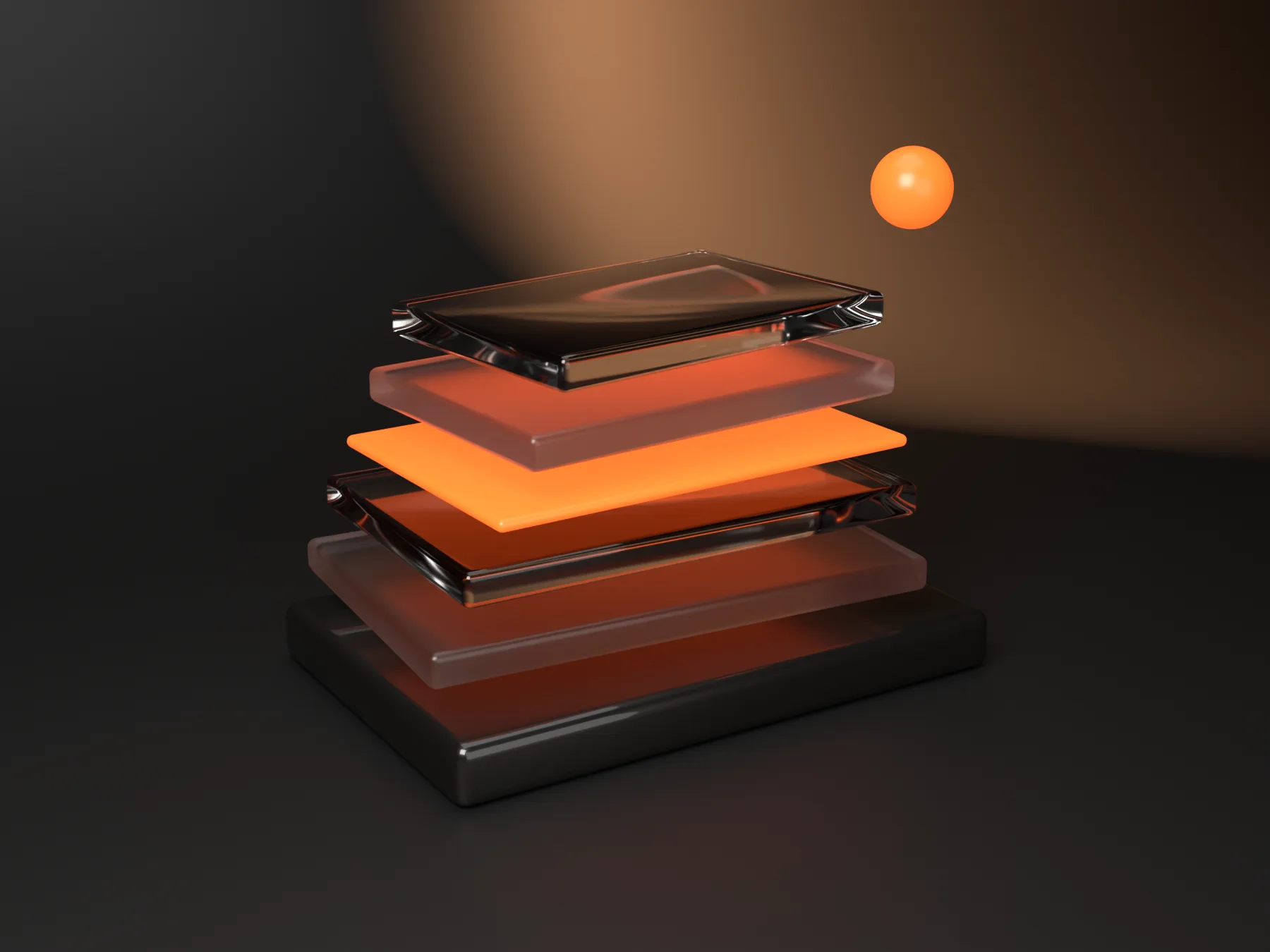 Stacked frosted-glass slabs on a dark plinth with an ember light, representing a solid static website