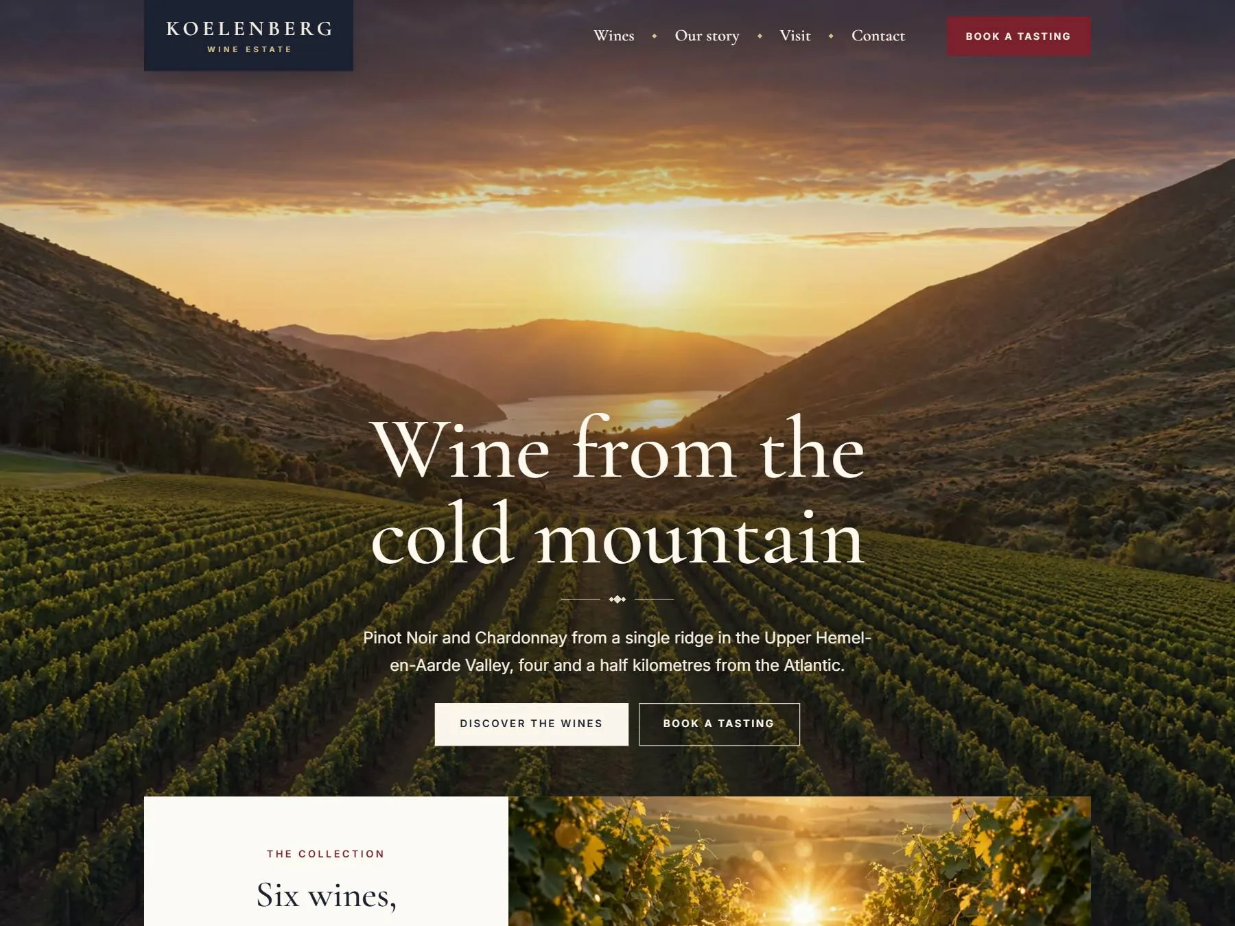 Koelenberg wine estate homepage with a sunset over Hemel-en-Aarde vineyards